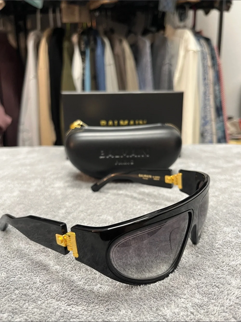 Balmain Paris B-Escape Black Shield Sunglasses with Gold Accents